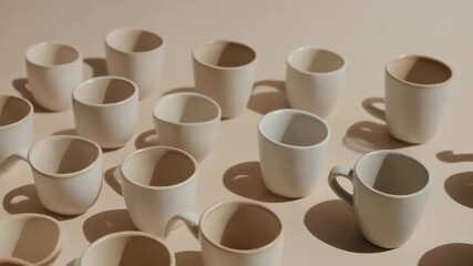 An array of neutral-toned ceramic mugs and cups displayed on a light surface, highlighting artisanal craftsmanship, minimalist aesthetics, and beverage ware design
