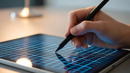 Close up of a hand using a stylus on a digital tablet with a grid display