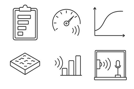 Noise Reduction Icons. Line style icons of Noise Reduction Coefficients: NRC rating chart, decibel scale icon, absorption