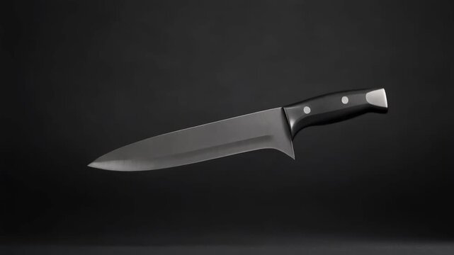 A professional chef's knife with a sharp blade and ergonomic handle slowly rotates against a sleek black background, highlighting its precision and culinary utility for cooking.