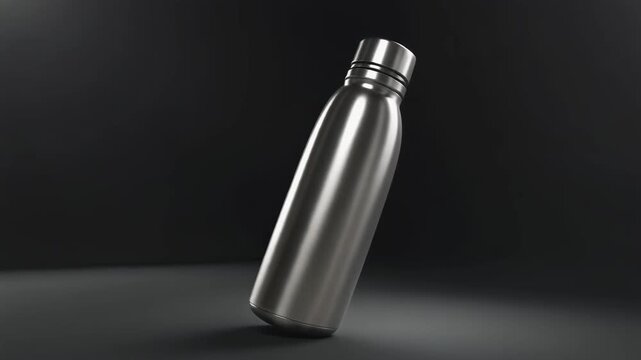 A stylish brushed stainless steel insulated water bottle product animation. This modern and reusable eco-friendly container promotes hydration and sustainability