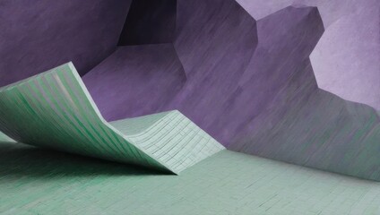 Abstract paper sculpture with geometric backdrop in shades of purple and green.