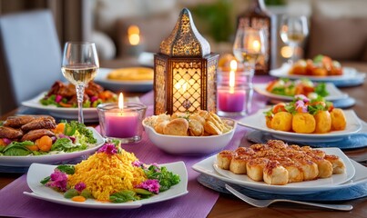 Beautiful Iftar Table Setup with Delicious Dishes and Decorative Lanterns