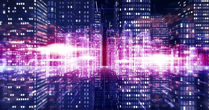 Futuristic wireframe city with neon glow transitioning to server infrastructure. Digital virtual world 3D concept animation.