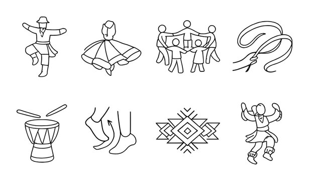 Traditional dance icons set with musical elements and geometric patterns
