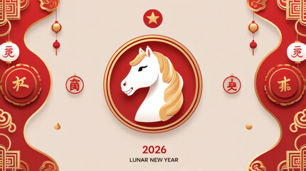 Elegant 2026 Lunar New Year design featuring a majestic white horse, intricate red and gold traditional decorations, and auspicious symbols, celebrating the festive Year of the Horse