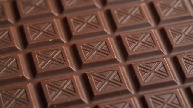 Delicious milk chocolate bar close-up with intricate patterns on each square ready for a sweet treat or confectionery enjoyment perfect for food advertising