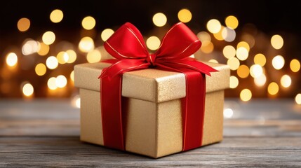 Obraz premium Shiny Gold Gift Box with Red Ribbon on Wood Surface and Bokeh Background