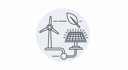 Line art icon of renewable energy with wind turbine and solar panel.