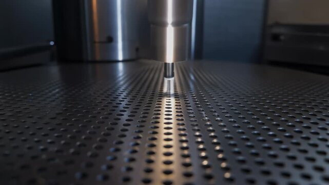 Precision CNC machine tool engaging with a perforated metal sheet during an advanced industrial manufacturing process. Automated fabrication technology ensures high-quality production.