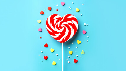 Heart-shaped red and white swirl lollipop on stick, light blue background with scattered colorful heart confetti and sugar sprinkles. For Christmas, Valentine Day concepts, greeting cards, posters