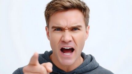 An enraged man captured in a tight headshot unleashes a furious shout while pointing emphatically forward his face contorted in an aggressive displeased expression