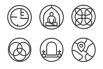 Peaceful Sanctuary Blueprints. Line style icons of peace sanctuary architects: circular refuge plan, meditative dome layout, soft