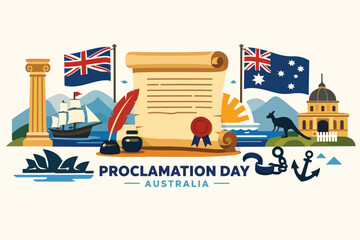 Wide Proclamation Day Australia Scene Depicting National Foundation Heritage Governance Symbols Minimal Clean Layout