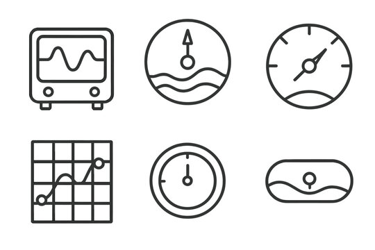 Nostalgia Tide Icons. Line style icons of nostalgia tide predictors: sentimental wave monitor, emotional tide clock, longing cycle