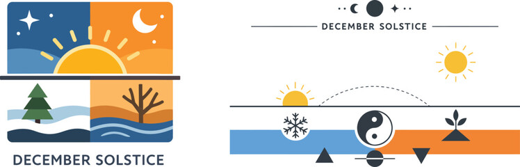 December Solstice Illustration Showing Seasonal Transition Light Balance Celestial Alignment Minimal Clean Winter Design