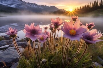 Purple flowers blooming by a foggy lake with mountains in the background at sunrise