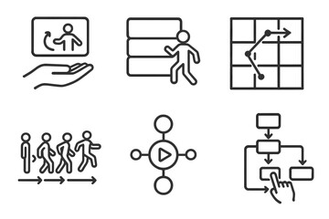 Skill Demonstration Icons. Line style icons of skill demonstration overlays: floating technique guide, layered instruction chart,