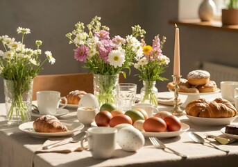 Family Easter Breakfast Table with Spring Decorations