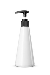 White conical bottle filled with liquid soap, cleanser, mousse, sanitizer or shampoo, shown without any label isolated. Transparent PNG image.