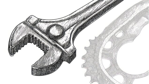 Detailed illustration of an adjustable wrench and bicycle gear.