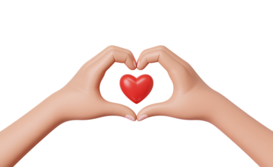 A pair of hands gently forming a heart shape around a vibrant red heart symbolizing love and care
