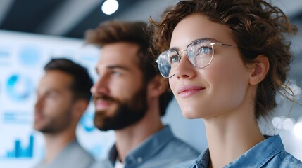 A diverse group of business professionals including a woman in glasses are attentively focused in a modern office setting with data charts visible