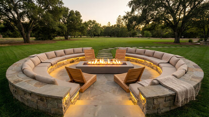 A cozy outdoor fire pit seating area surrounded by a serene natural setting with lush green lawn and trees, perfect for relaxation and social gatherings.