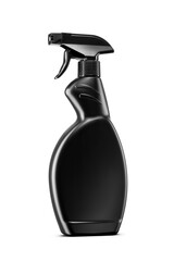 Ergonomic black plastic spray bottle with a trigger sprayer for cleaning products isolated. Transparent PNG image.