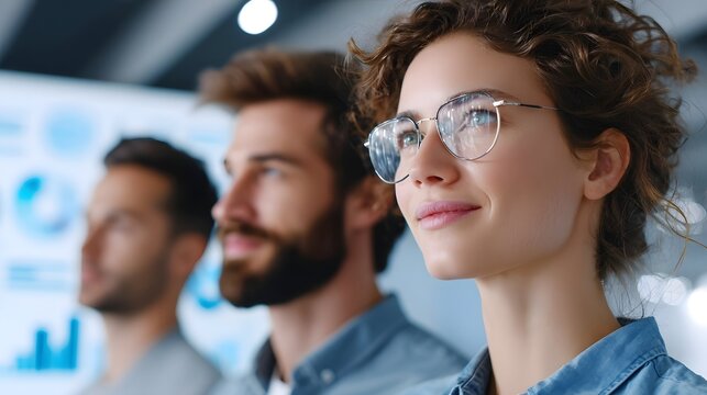 A diverse group of business professionals including a woman in glasses are attentively focused in a modern office setting with data charts visible - Powered by Adobe