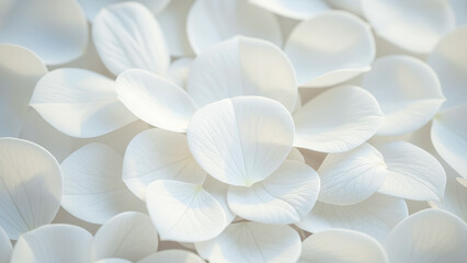 Delicate white flower petals layered together, creating soft, airy floral background. Elegant natural texture with gentle light and shadows, ideal for wedding, beauty, spa, minimal design concepts