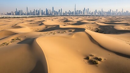 Desert dunes meet the dubai skyline in a striking contrast