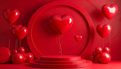 Romantic red circular podium with heart-shaped balloons and golden ring decoration for Valentine's Day product displays and luxury gift branding