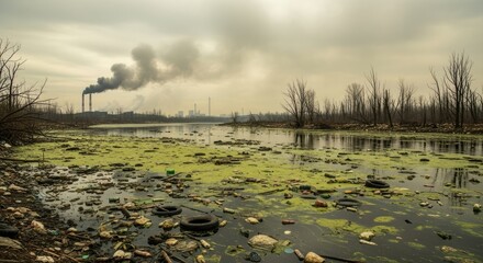 A polluted river with industrial smokestacks in the background and a cloudy sky.