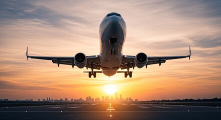 A commercial airplane taking off at sunset with a city skyline in the background.