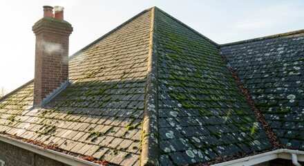 A weathered, green-tiled roof with moss and lichen growing on it, with a chimney on the left side of the image.