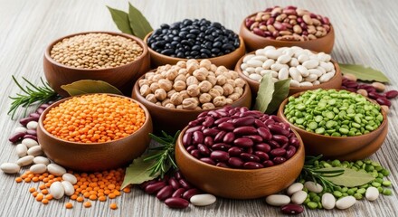 A variety of colorful beans and lentils in wooden bowls on a wooden table.
