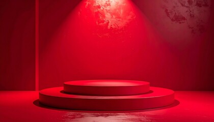 Modern tiered red circular podium under a bright spotlight against a crimson background for bold product showcases and premium brand awards