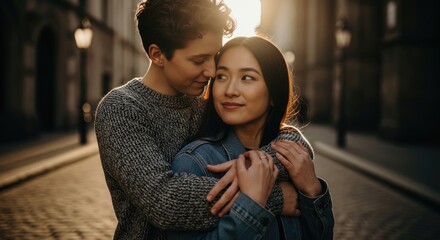 A couple embracing on a cobblestone street at sunset.