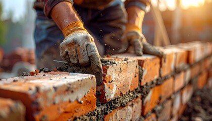 Close-up of a construction worker's gloved hands laying orange bricks with wet mortar on a building site representing skilled masonry and manual labor