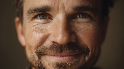 Fototapeta premium Close-up portrait of a mature man with a beard, smiling and looking directly at the camera.