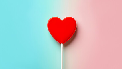 Minimalist red heart-shaped lollipop on stick against soft pastel gradient background in blue and pink tones. Clean modern composition with empty copy space, symbolising love, romance, Valentine Day