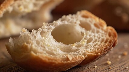 A captivating closeup shot revealing the rustic goldenbrown crust and beautifully airy porous interior of a freshly baked artisan bread slice highlighting its delicious texture and wholesome appeal o.