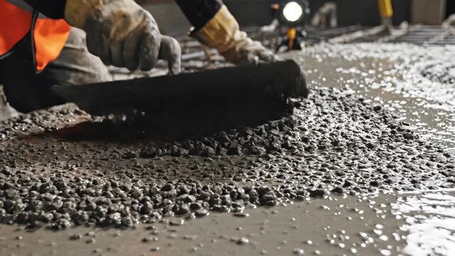 A construction worker levels fresh wet concrete with a trowel. Close-up of hands smoothing a new floor foundation at a building site. Manual labor in the building industry