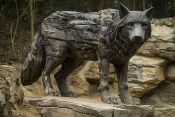 Obraz premium Detailed stone wolf sculpture standing in a rocky environment