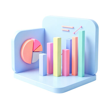 3d rendering of a business growth chart with pie chart and bar graph showing upward trend transparent background