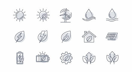 Set of hand drawn renewable energy and ecology icons.
