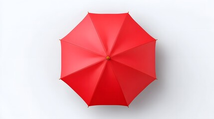 An overhead perspective of a single open red umbrella with its fabric canopy and radial spokes presented cleanly on a minimalist white backdrop for protection from elements