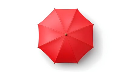 This image features a bright red umbrella viewed from directly above  Its eight fabric sections converge at a central wooden knob presented in isolation on a clean white background