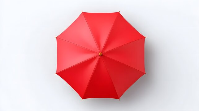 An overhead perspective of a single open red umbrella with its fabric canopy and radial spokes presented cleanly on a minimalist white backdrop for protection from elements - Powered by Adobe
